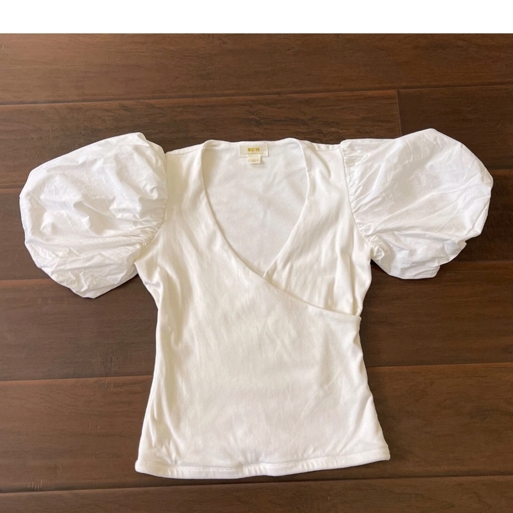 Anthropologie White Puff Sleeve V-Neck Blouse